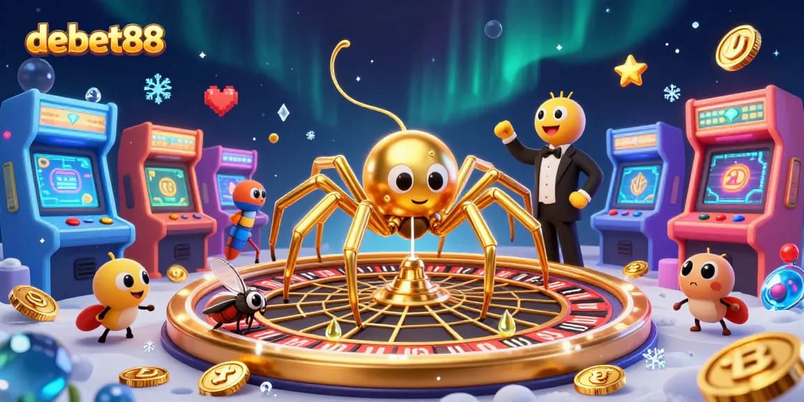 Engage in exciting gaming adventures with debet88 featuring a golden roulette web and cartoon characters.