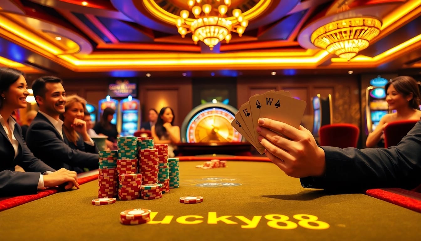 Engaging scene at a poker table showcasing lucky88 trang chủ branding, excitement, and high-stakes action.