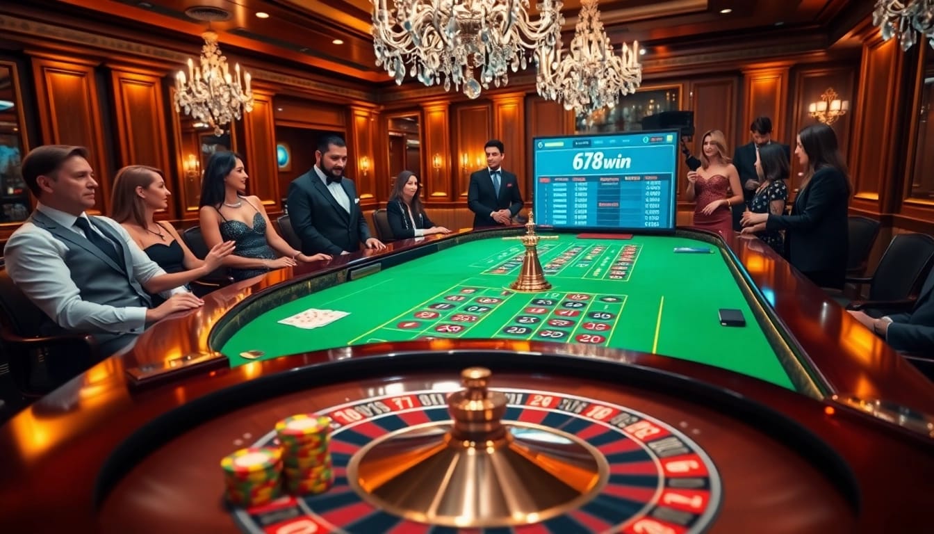 Experience the thrill of 678 win at an elegant casino table with spinning roulette and excited players.