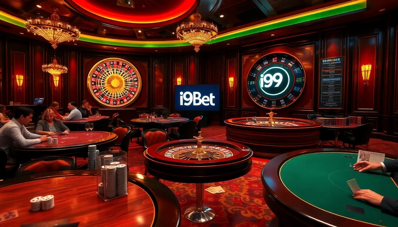 Gambling excitement at a high-end casino showcasing i9bet.space logo and vibrant gaming atmosphere.