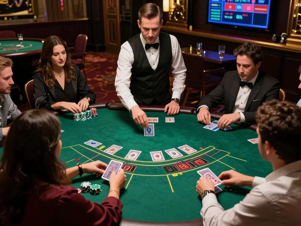 Players engaging in live dealer blackjack at https://sky88.foo/ with professional dealer and focused moment.