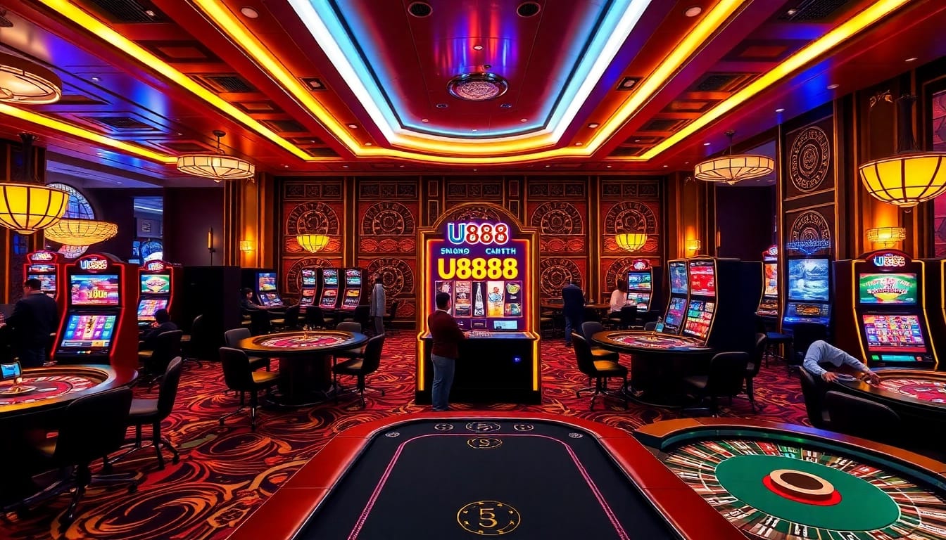 U888 slot machine glimmering amidst poker tables and a roulette wheel in an upscale casino.