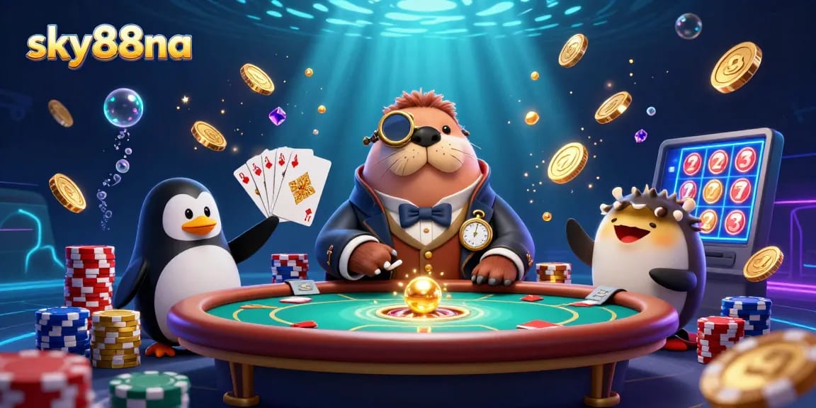 Engage with sky88na's thrilling underwater poker scene with a walrus, penguin dealer, and pufferfish bluffing.