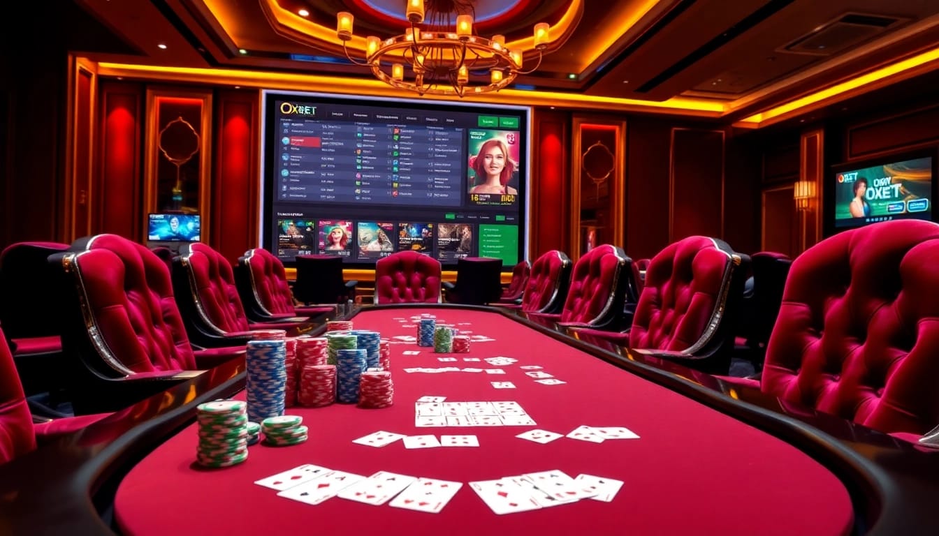Engaging gaming scene showcasing oxbet trang chủ with poker chips and cards for an exciting gambling experience.