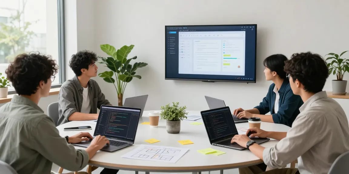 Team building internal tools with AI in a modern workspace, showcasing collaboration and technology.