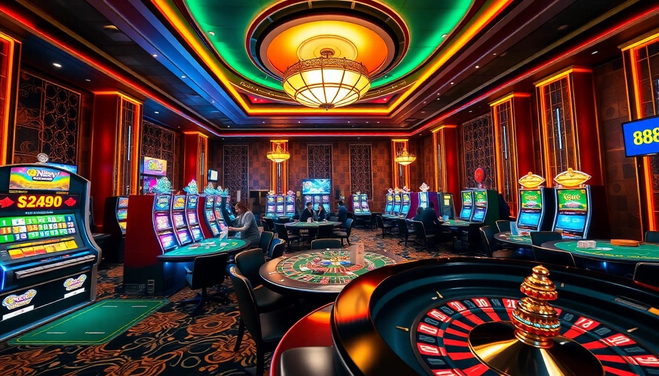 Experience the thrill of gaming at 888new with lively slot machines and engaging players around the casino tables.