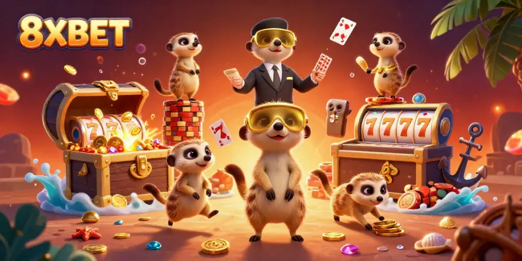 Engage with 8XBET's dynamic casino scene featuring playful meerkats amidst treasure and games.