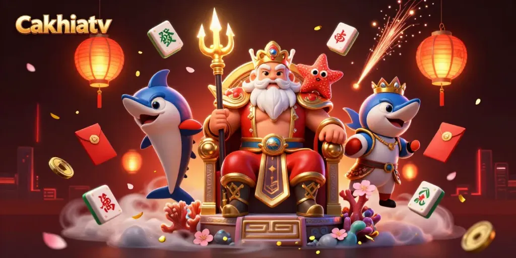 CakhiaTV showcases a dynamic 3D illustration featuring Neptune and gaming elements for gamblers.