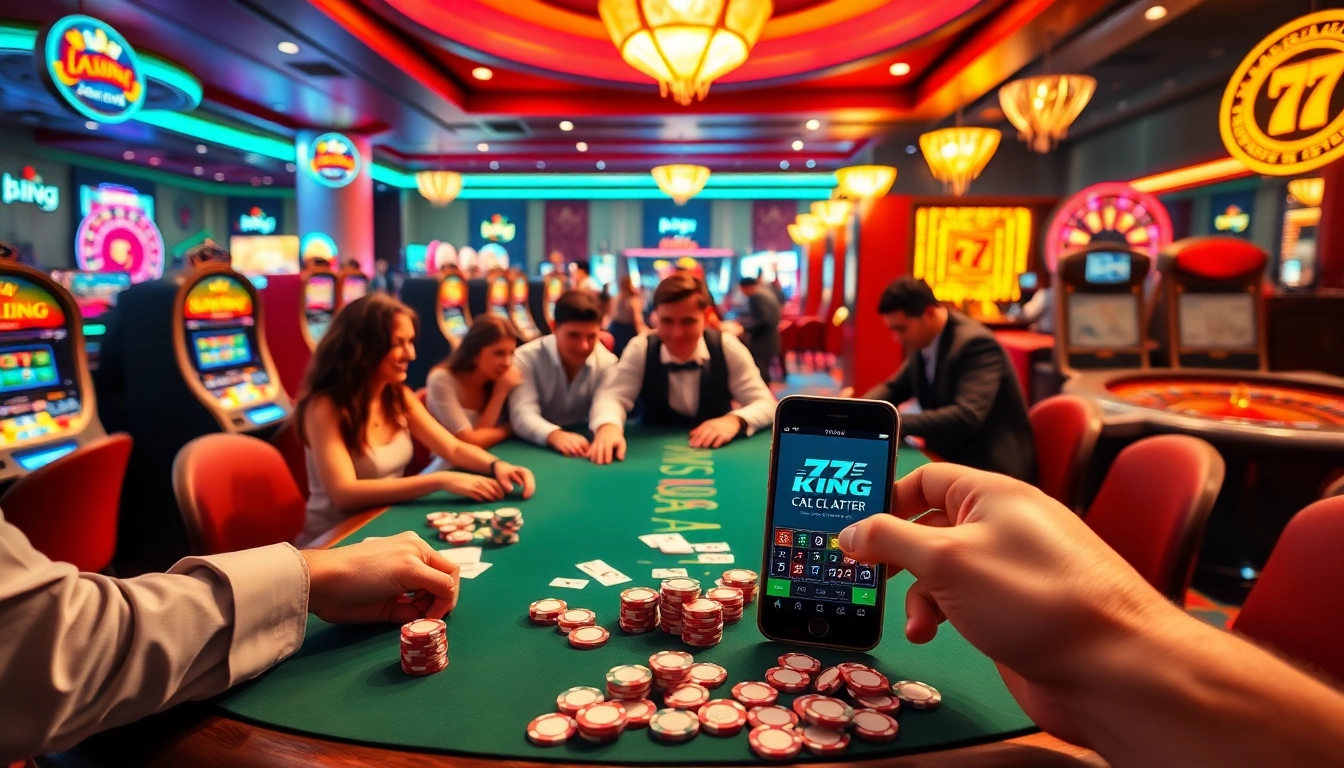 Action-packed casino gameplay with 79KING app on smartphone, showcasing poker and vibrant slots.