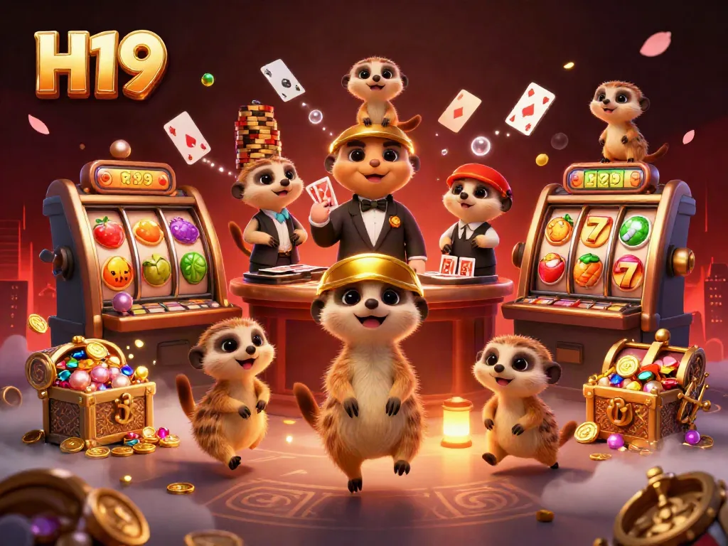 H19 casino meerkats engaging in thrilling gaming action with slot reels and vibrant treasures.