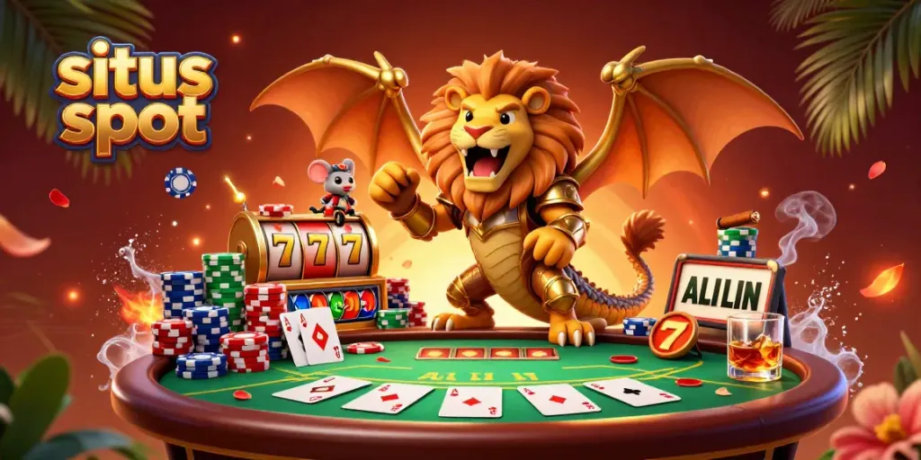 Engage with situs slot action featuring a triumphant chimera and mouse jockey amidst colorful poker chips and slot elements.