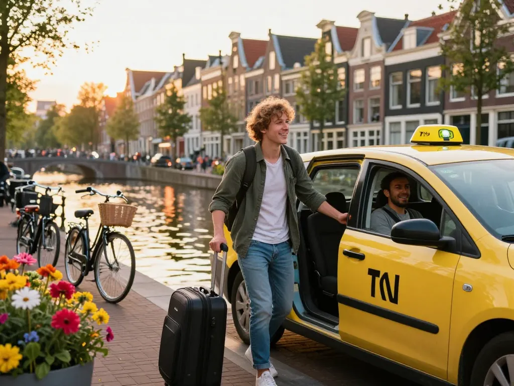 Taxi Amsterdam scène met een reiziger die uit een taxi stapt bij de grachten, die de bruisende sfeer van de stad vastlegt.