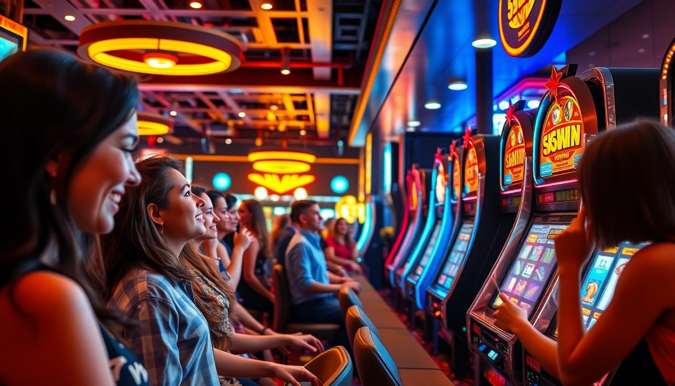 Players experiencing excitement at 555win casino with vibrant slot machines.
