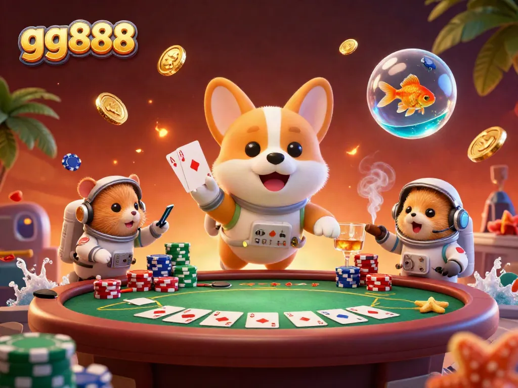 Experience the thrill of gg888 with a whimsical scene of a space casino featuring unique characters and poker elements.