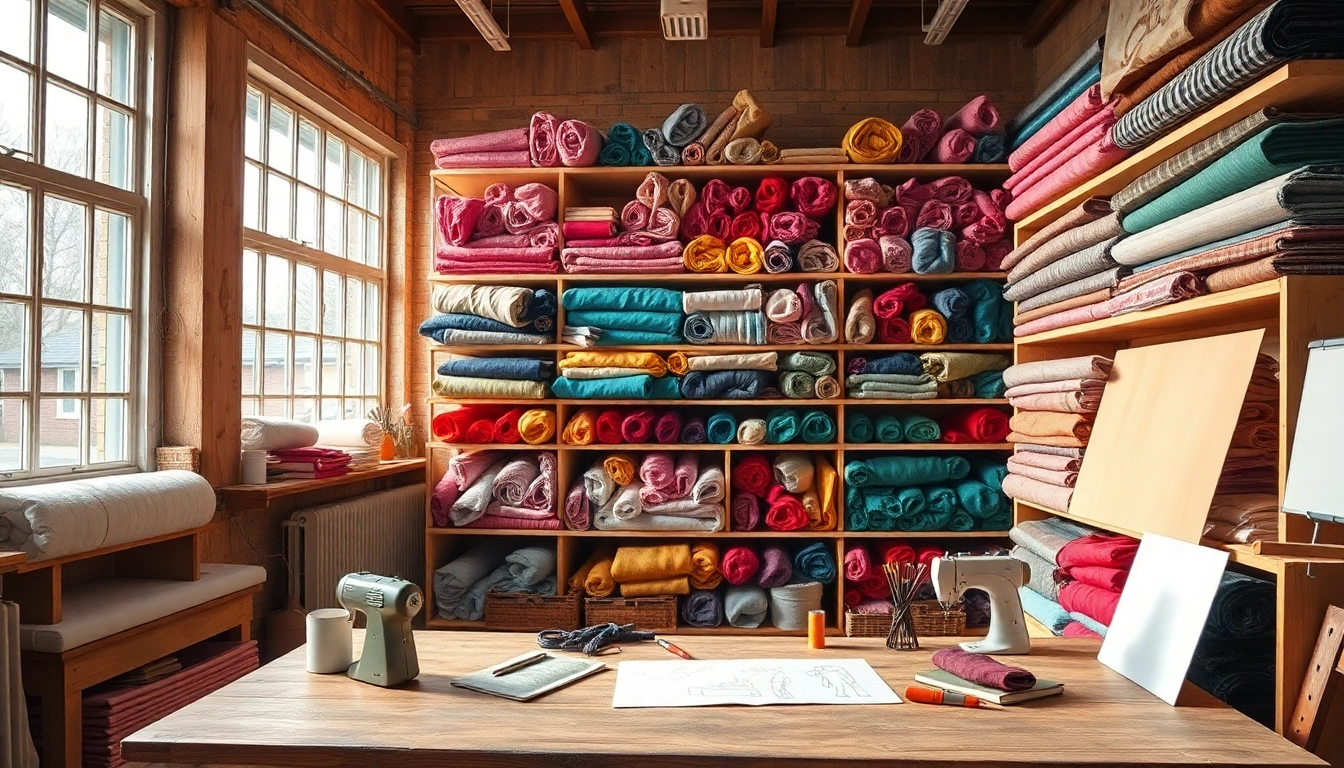 Bekijk prachtige uni katoen stof in een warme, creatieve textielstudio met kleurrijke stoffen.