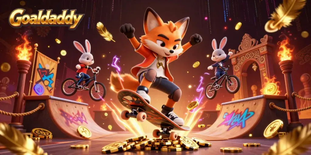 Experience the excitement of Goaldaddy with vibrant casino-themed skateboard tricks.