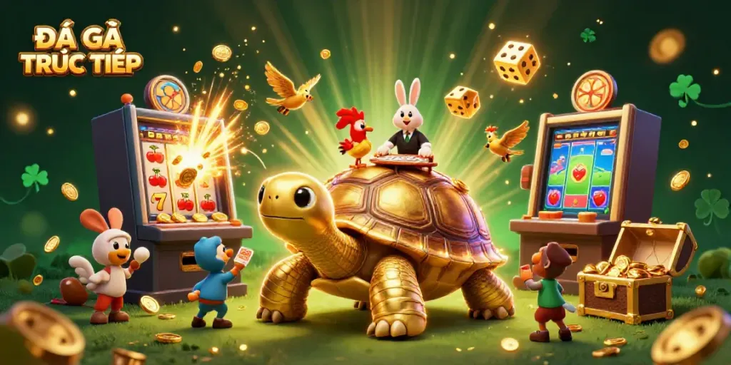 Experience exhilarating ĐÁ GÀ TRỰC TIẾP action with a dynamic illustration featuring a giant tortoise arena, rabbit dealer, and energetic scene.