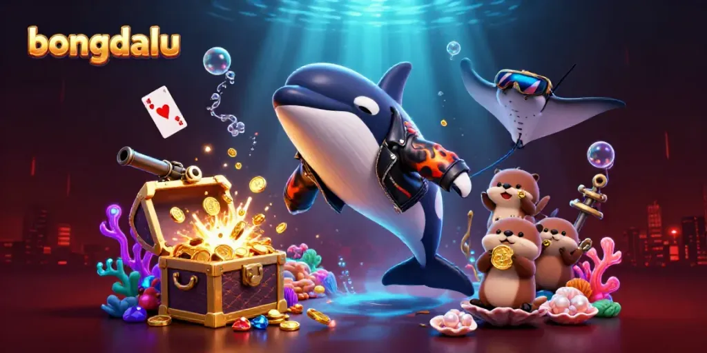 Bongdalu showcases a vibrant underwater casino scene with a cartoon orca and sea creatures amidst floating cards and treasure.