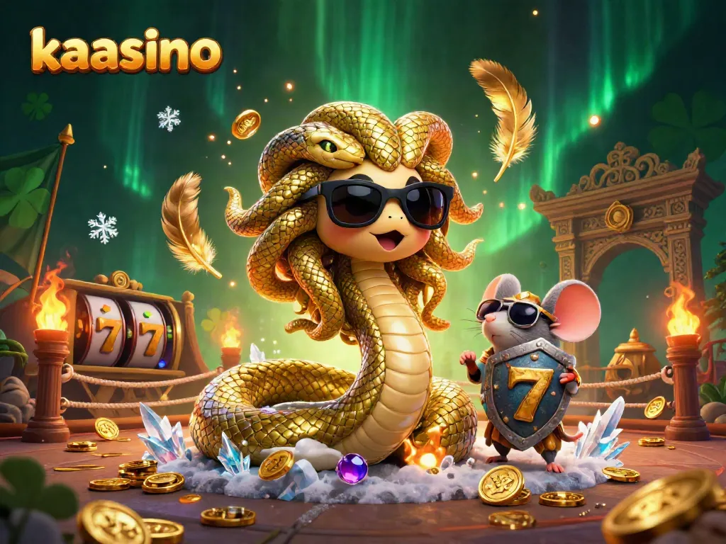 Kaasino unleashes excitement with a 3D Medusa and stone-shield warrior amidst vibrant casino elements.