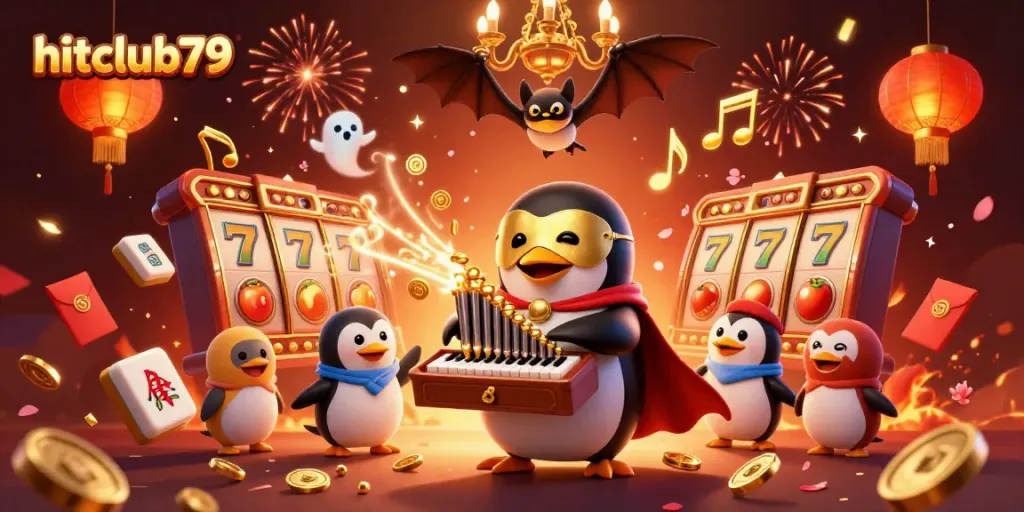 Capture the excitement at hitclub79, featuring a vibrant 3D penguin character playing a golden organ amid jackpot symbols and festive elements.