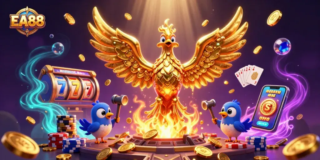 Experience EA88 slots with a molten gold phoenix, rich casino symbols, and vibrant energy!