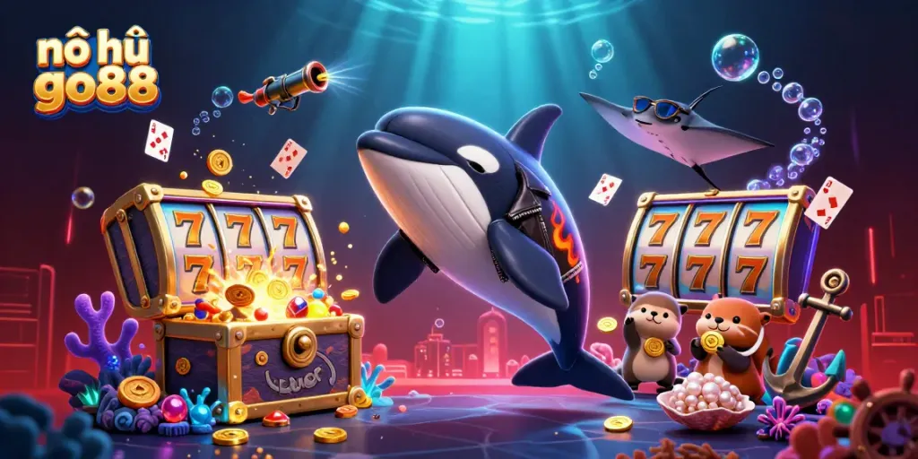 Experience high-stakes excitement with nổ hũ go88 and underwater treasures in this vibrant illustration.