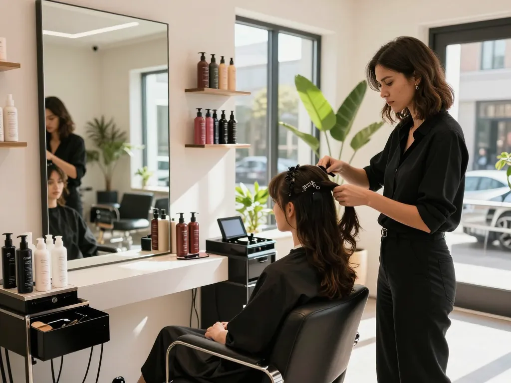 Stijlvolle dameskapper die het haar van een vrouw stylt in een elegante salon met moderne decoratie en natuurlijk licht.