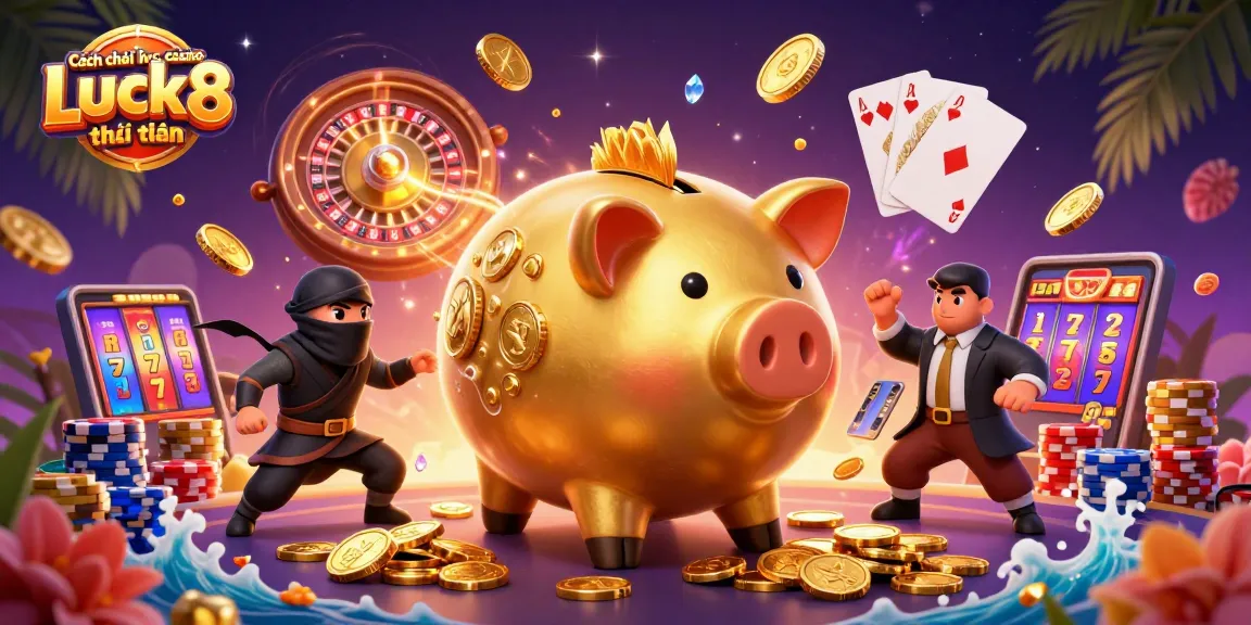 Cách chơi live casino Luck8 luôn thắng with vibrant characters in an action-packed casino scene, showcasing golden coins, roulette, and more.