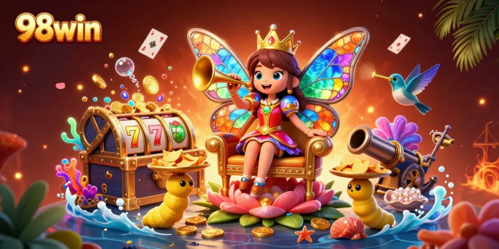 Engage in thrilling gameplay at 98win, featuring a colorful 3D casino scene with dynamic characters and slot elements.