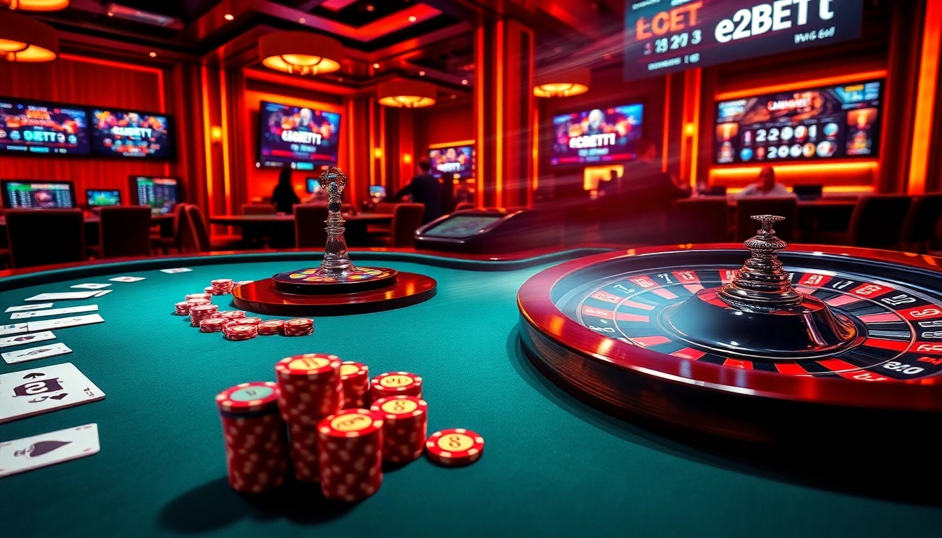 E2BET casino players engaging at a vibrant poker table with chips and cards.
