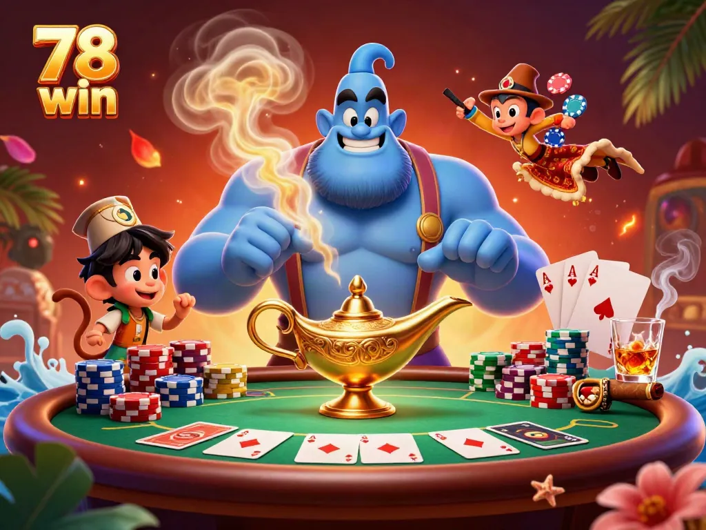 Experience thrilling gameplay with 78 win's vibrant 3D casino scene featuring a dynamic genie and poker action.
