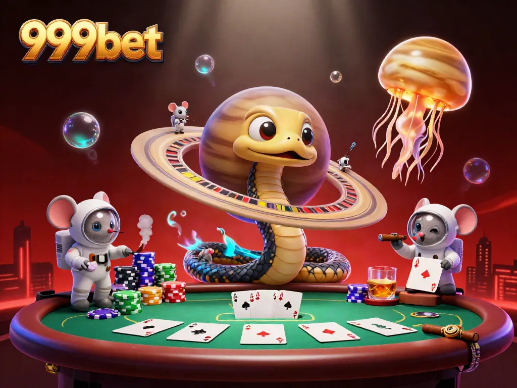 Experience thrilling bets at 999bet with cosmic dealer elements including a Saturn snake and poker game visuals.