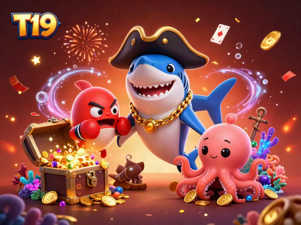 Engage in thrilling gaming fun with T19's cartoon characters showcasing vibrant casino elements.