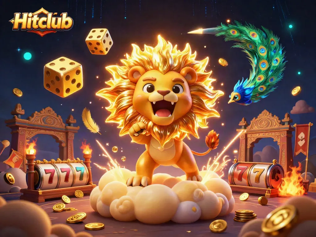 Engage with Hitclub's vibrant gambling action featuring a roaring lion and golden dice amidst striking casino elements.