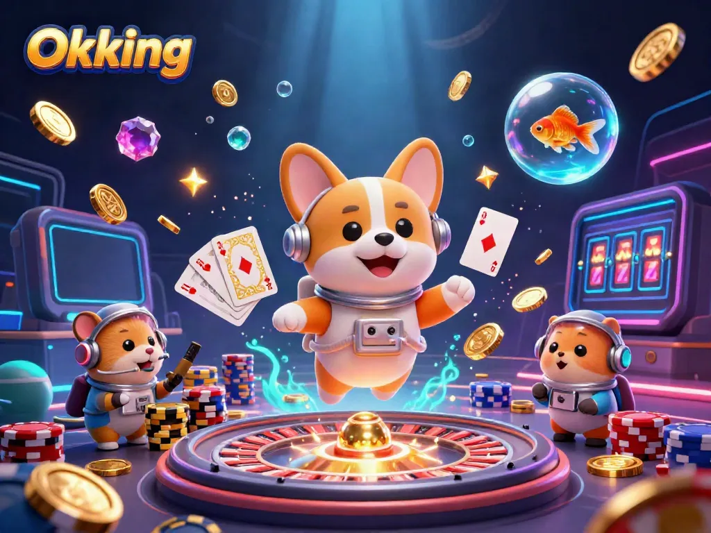 Experience Okking's thrilling casino adventure featuring an astronaut corgi in a dynamic, vibrant 3D illustration.