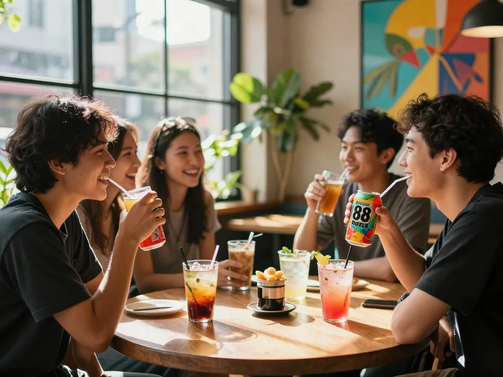 Friends enjoying rokok 88 drinks in a vibrant café atmosphere.