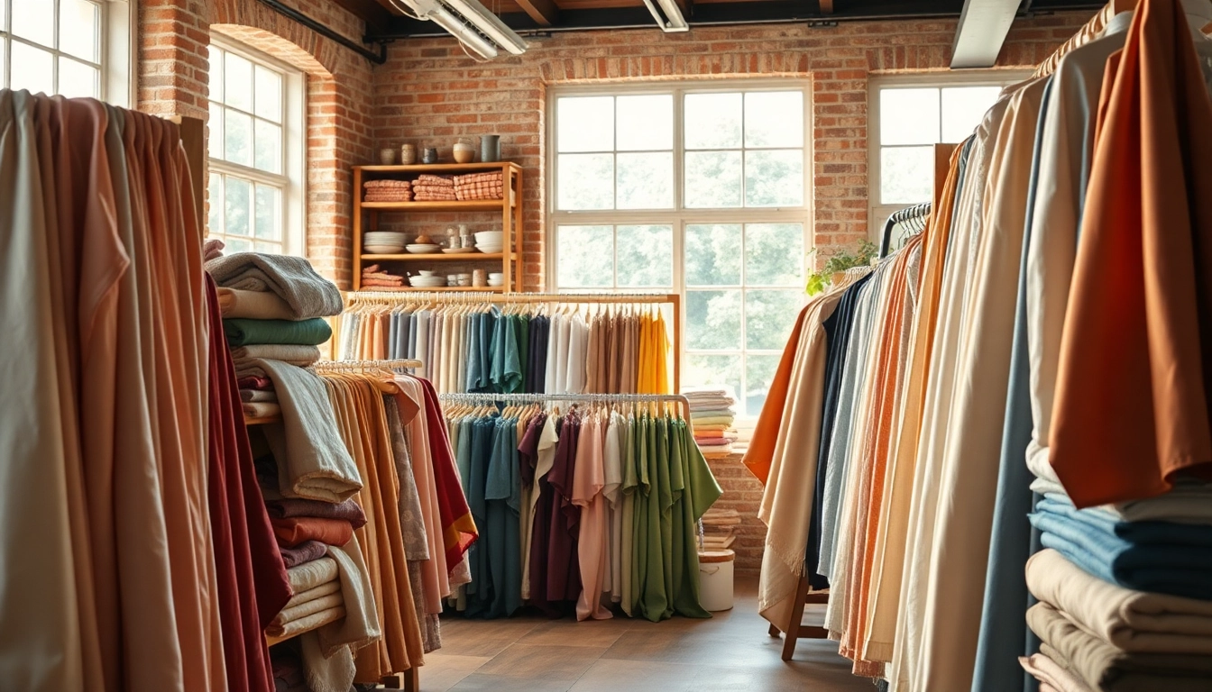 Koop stoffen online bestellen in een winkel met kleurrijke textielpresentaties.
