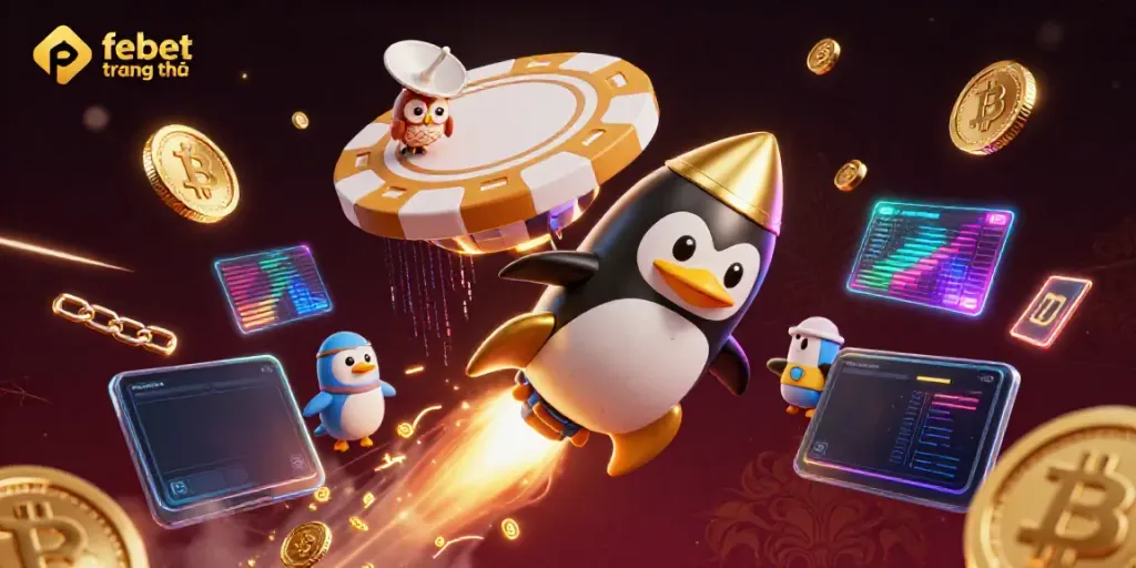 Experience the thrill of febet trang chủ with a rocket penguin amidst golden coins and crypto magic in the cosmos.