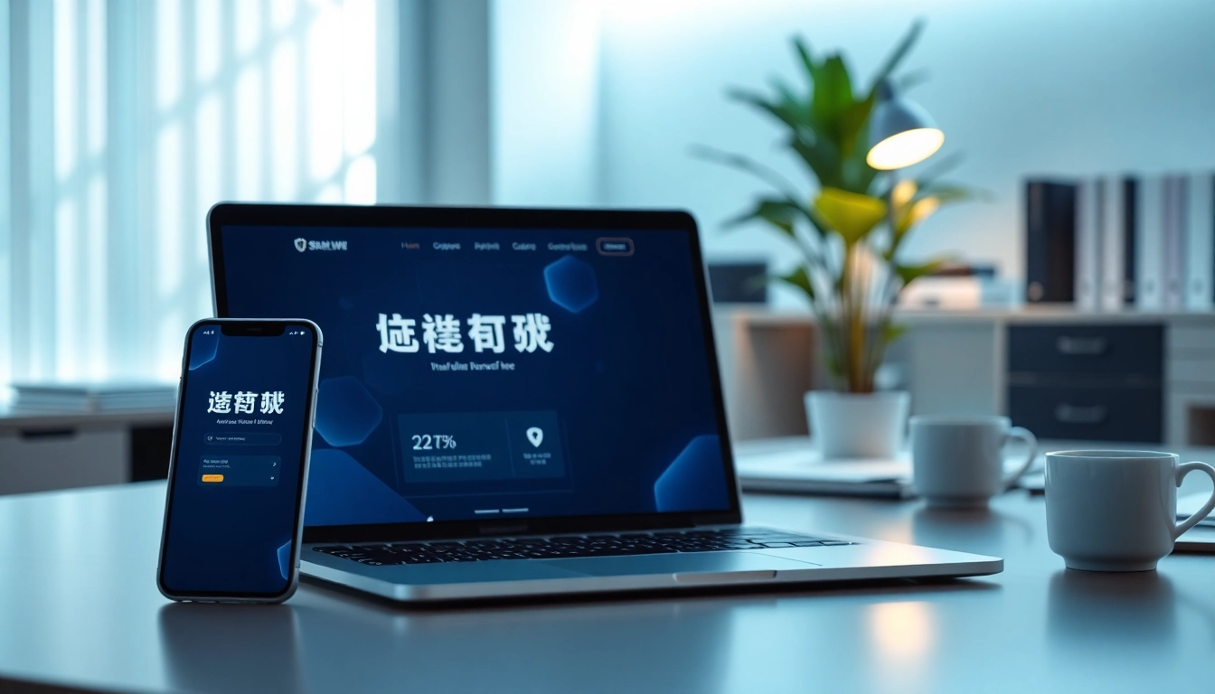 在现代办公环境中，智能手机与笔记本电脑上显示的快连官网，强调安全与科技。