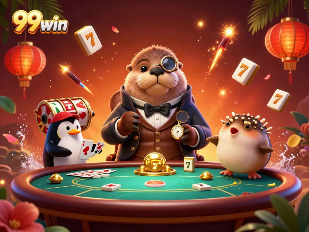 Experience the excitement of 99win with playful characters at an underwater casino, showcasing vibrant gambling elements.