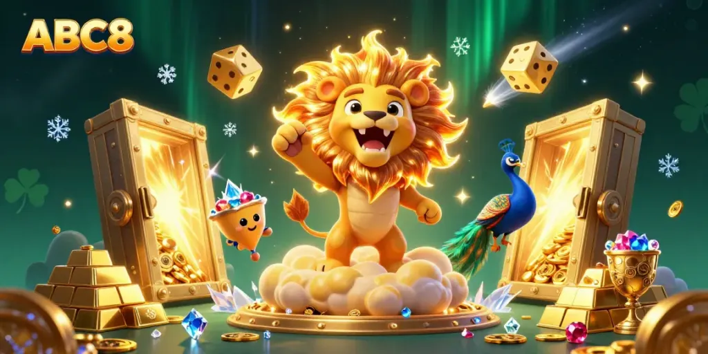 ABC8's vibrant gaming experience illuminated by a majestic lion and golden treasures in a captivating casino scene.