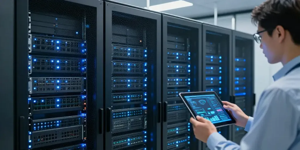 Reisvaccinaties en innovatieve technologie in een datacenter.