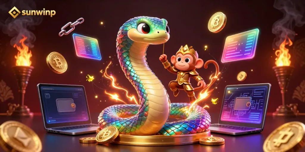 Experience thrilling gameplay with sunwinp featuring a vibrant 3D rainbow serpent and golden monkey king amidst glowing crypto elements.