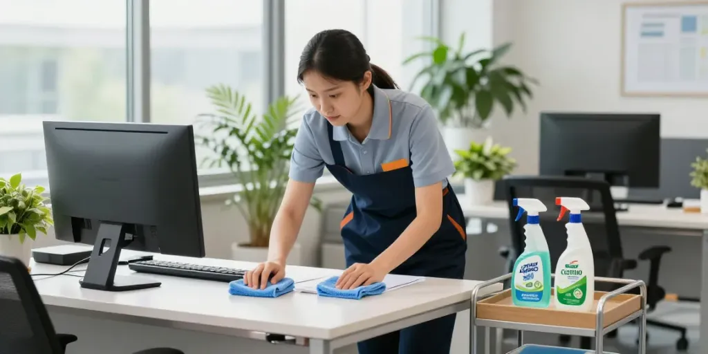 Schoonmaakbedrijf Amsterdam in actie met een professionele schoonmaker die een moderne kantoorruimte stof afneemt.