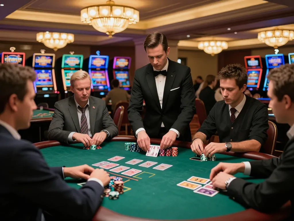 TR88 players strategizing at a blackjack table, chips stacked high, vibrant casino atmosphere