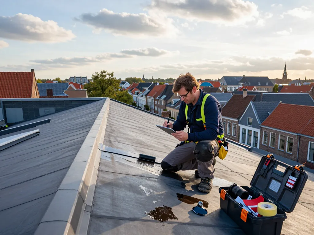 Professionele inspectie van daklekkage in Deventer met een dakdekker die rotschade analyseert onder fel zonlicht.