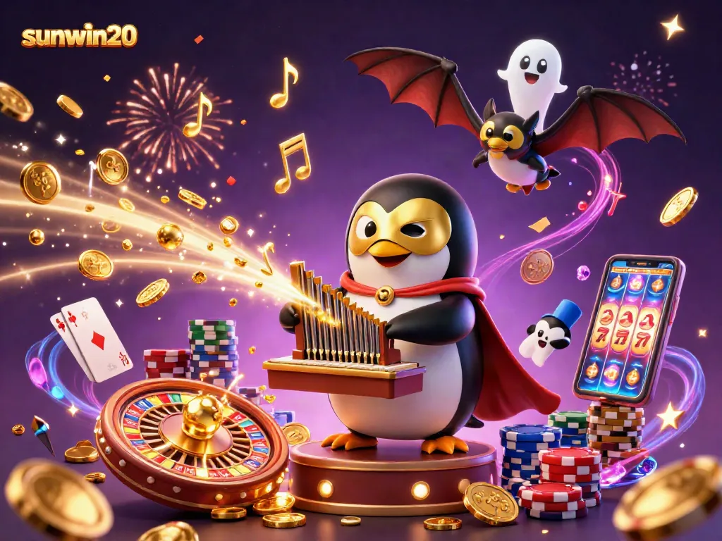 Experience the thrills of sunwin20 with golden coins raining from a whimsical casino scene.