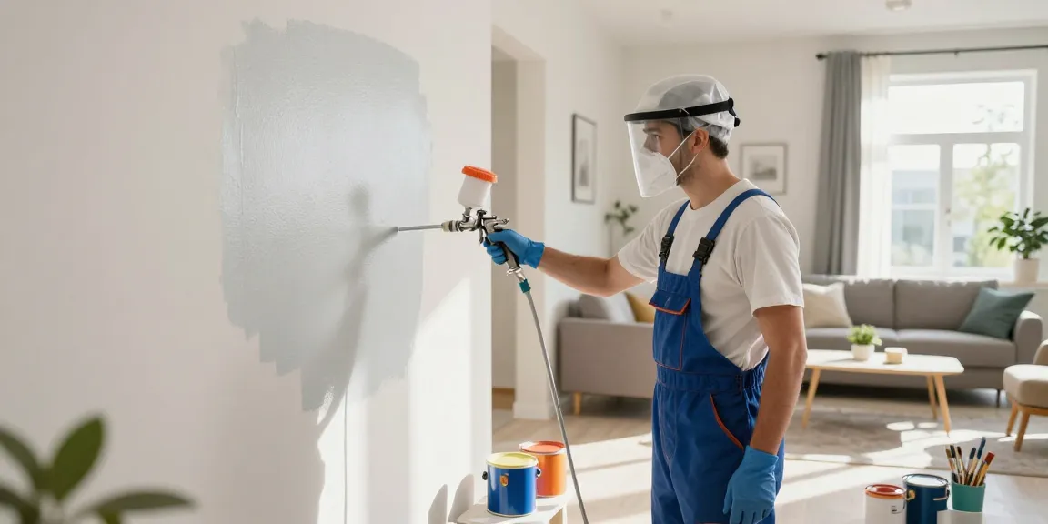 Professionele toepassing van latex spuiten op muren in een lichte woonkamer met stijlvolle decoratie en natuurlijk licht.