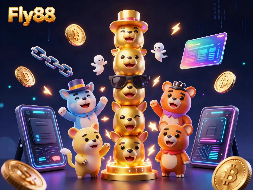 Experience the excitement of Fly88 with a vibrant casino scene featuring a golden totem pole and crypto elements.