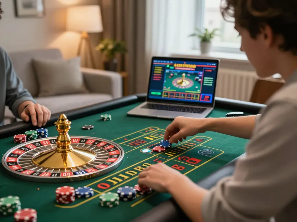 Engaged player at LODE88 online roulette, spinning wheel and vibrant chips visible, cozy home setup.